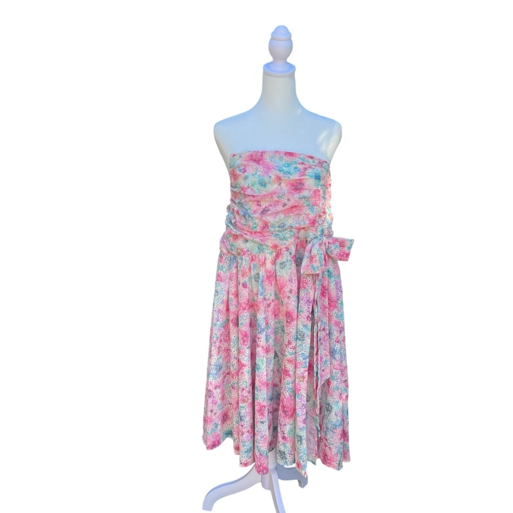 Hello Molly Pink Floral Eyelet Lace Cotton Strapless Dress‎ Size 4